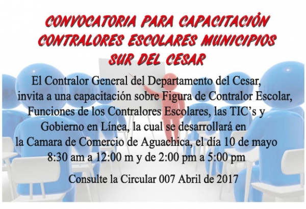 Convocatoria Capacitaci&oacute;n Contralores Escolares - Sur del Cesar